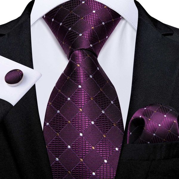 Шея галстуки 2023 Новый фиолетовый мужский галстук роскошная плоская точка сплошной шелк бизнес -галстук Формальный 150 -см на вырезка для карманных квадратных запонок Set AccessoriesC420407