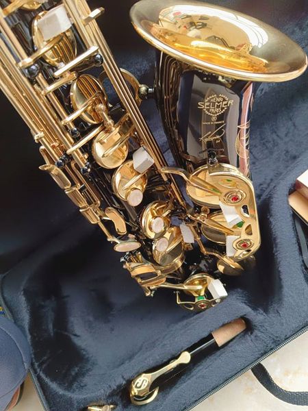 Schwarzer SAS-R54 E-Flat Alto Saxophon Lacked Gold Messing Geschnitztes Eins-zu-Eins-Jazz-Instrument mit der französischen Handwerksherstellung mit Gehäuse