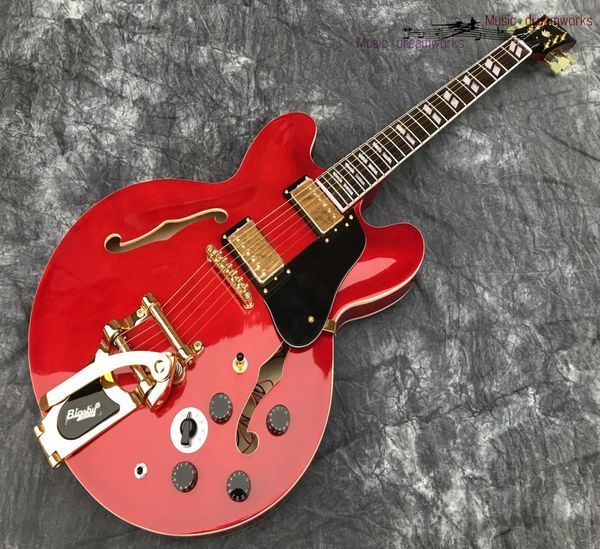 China Electric Guitar Oem Shop Guitarle Electric Hollow Jazz Guitar Big Jazz Vibrato System Transparent Red Multiposition Switch6995041