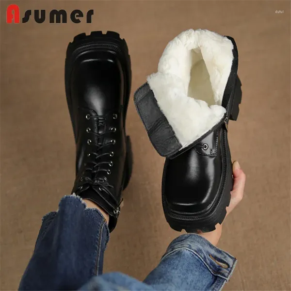 Stiefel Asumer 2024 Vintage echte Lederschuhe Frauen Winter Schnee Schnürung Dicke Boden lässige Wollknöchel