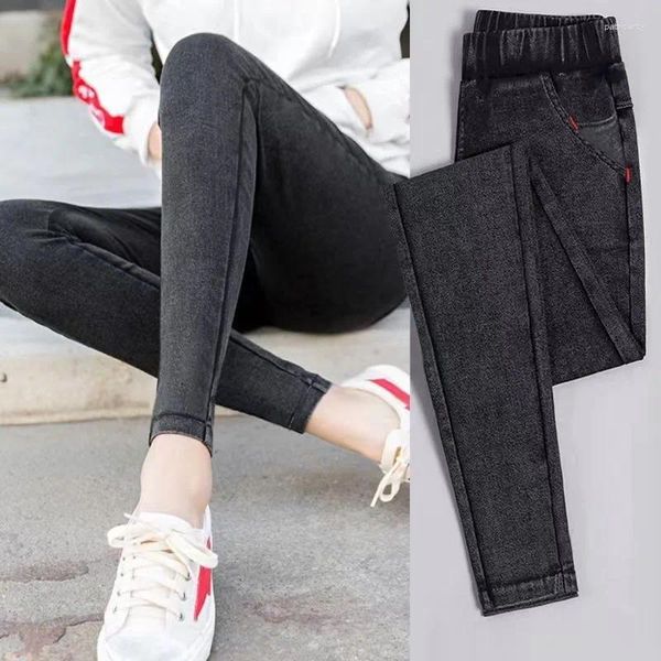 Calça feminina Mulheres 2024 Primavera e outono jeans elásticos jeans Slim Outwear Leggings Fingue alto lápis de pé pequeno All-Match