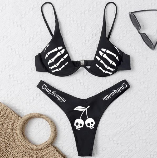 2022 Frauen Bikini Bikini Set Halloween Skull Letter Print V-Neck Push Up gepolstert Bikini+Elastische Taille Brasilianer