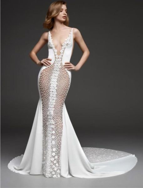 Sexy See Through Mermaid Wedding Dresses 2022 Deep Vneck 3D Floral Sweep Train Beach Boho Bridal Reception Gown87777894