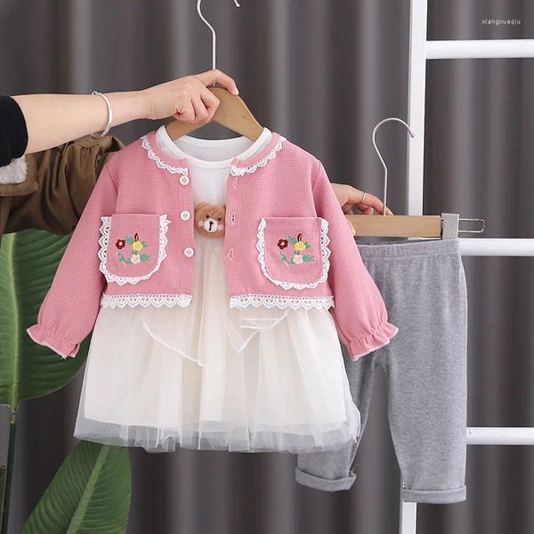 Set di abbigliamento per bambini abiti primaverili 2024 coreani floreali cardigan cappotti da cartone animato abiti a maglie leggings per bambini abito da bambina