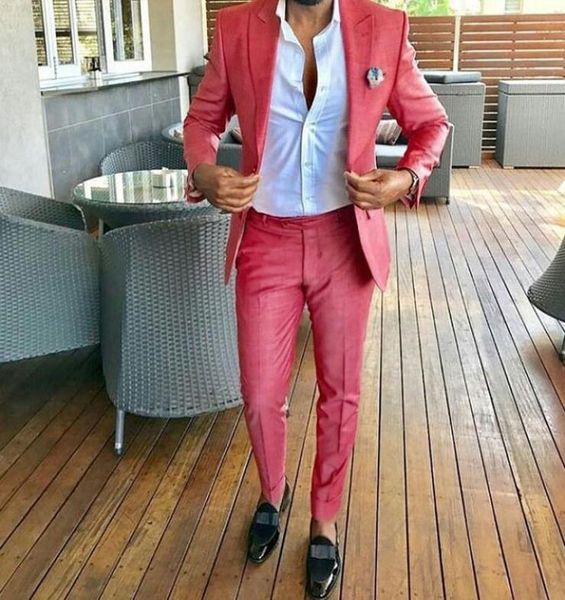 Design di picco Coral Red Men Blazer Blazer Groom Men Abito per affari di nozze Due bottoni Slimt Fit costume Homme 2 pari Terno Masc8684932