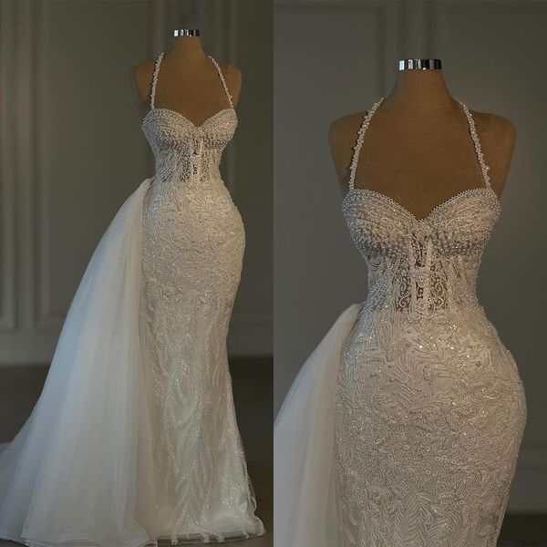 Elegante Meerjungfrau Hochzeitskleid Schatz Nackenhalterfalten Brautkleider Perlen Spitzen Applikationen Sweep Zugkleider benutzerdefinierte Vestidos de Novia