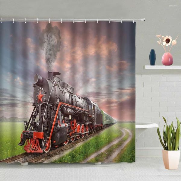 Duschvorhänge Retro Dampf Lokomotive Vorhang Vintage Zug Sky Scenic 3D -Druck wasserdichtes Badezimmer Wand Hanging Set Wohnkultur