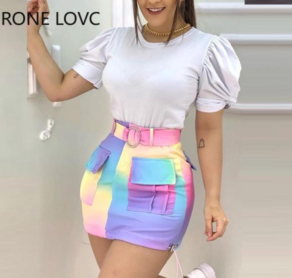 Women Oneck Bufed Sleeve Top Colorblock Pocket Design Skirt Conjunto casual 2 peças Conjunto 2010076303203