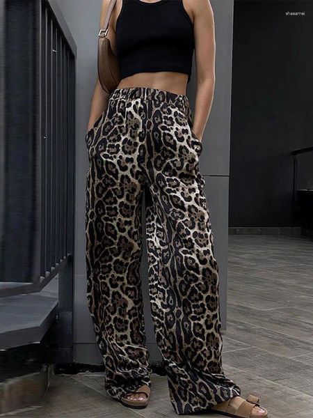 Calça feminina Retro Leopard Printado Casual Mulheres 2024 Primavera Verão Perna larga Panteira Feminina Pant Street Coloque as calças da Lady Chic Lady