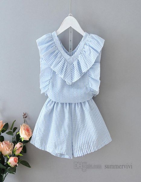 Summer Girls Stripe Clothing Sets Kids Falbala Vneck Ruffle Fly Sleeve Topsloose Shorts 2pcs Crianças Princesa roupas Q04259565655