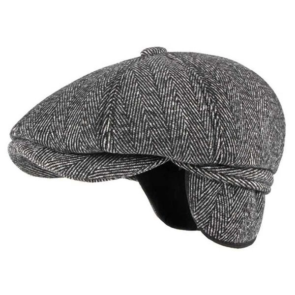 Chapéus de borda ardente HT3336 Chapéu de inverno de outono espesso masculino boina vintage lã Papai hera octogonal