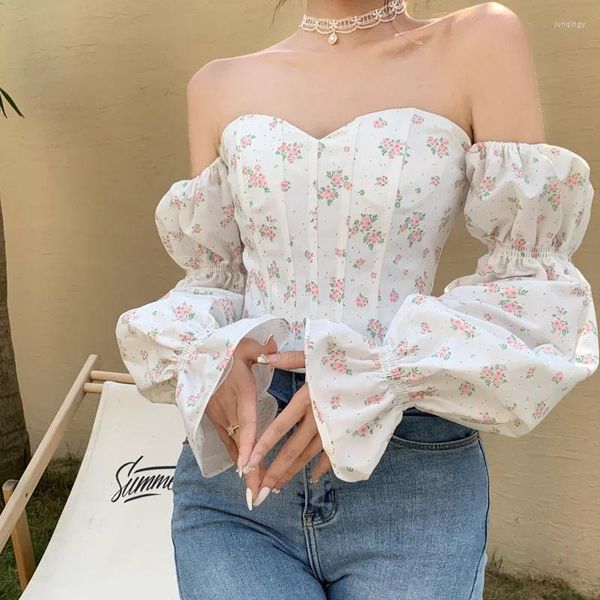 Kadınlar bluzlar partisi çiçek seksi bluz üstleri yaz askısız tasarım fransız mini tatlı gömlek puflu kılıf Koreli gündelik korse üst