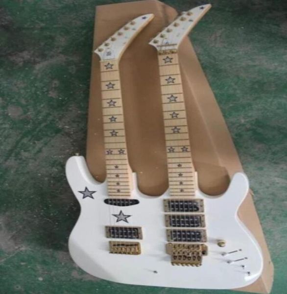 Seltener weißer Kramer RS 6 Stings 6string Doppelhals E -Gitarre Floyd Rose Tremolo Bridge Verriegelung Nuss Star Inlay Gold Hard4937930
