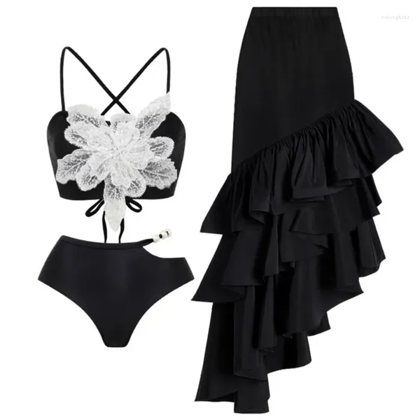 Moda de banho feminina Retro preto de biquíni impressa Moda One Piece Swimsuit e encobrida com saia Bandagem apertada de luxo de luxo de praia elegante