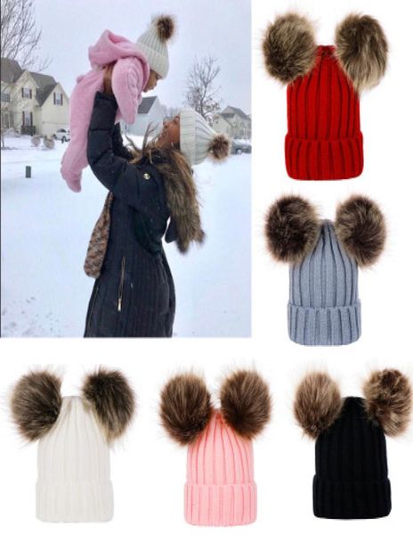 Stricken warme Hüte Winter Beanie Hats Mama und Baby Familie passende Outfits Neugeborenes Baby Doppelfell Ball Pop Häkeln Hats1557703