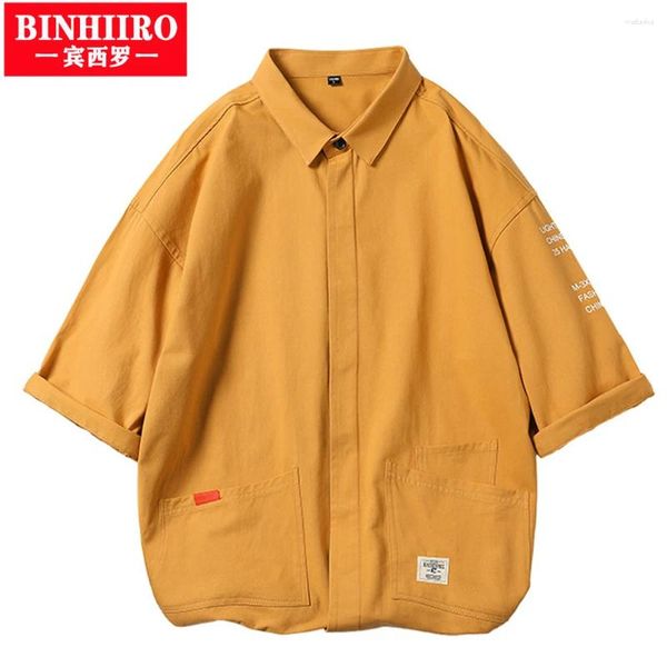 Camisa casual de camisa masculina harajuku street usa letra colorida sólida impressão de algodão de alta qualidade Homens de sete pontos