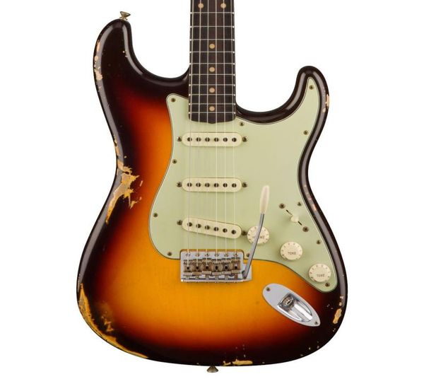 Özel Mağaza 1960 Relic St Chocolate 3tone Sunburst Elektro Gitar Krem Pikapları Knobsaged Chrome Donanımı V Engrave Neck PLA8877979