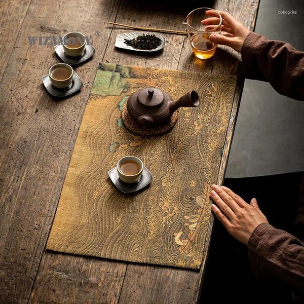 Xícaras pires wizamony elegante bandeja de chá de pano de mesa de água à prova d'água de mesa de corredor de capa de cerimônia acessórios de cerimônia de bambu artesanal Bamboo presente