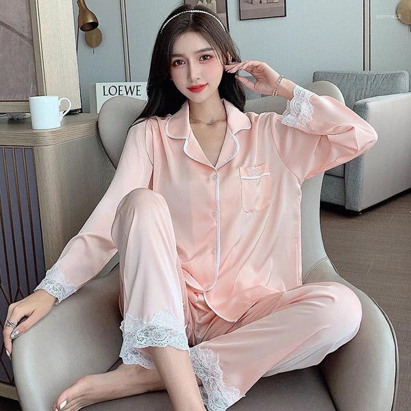Heimkleidung süße Frauen Schlaf Set Pink Spitze Satin Patchwork Frühling 2pcs Pyjamas Anzug intimen Dessous lässige Pyjamas