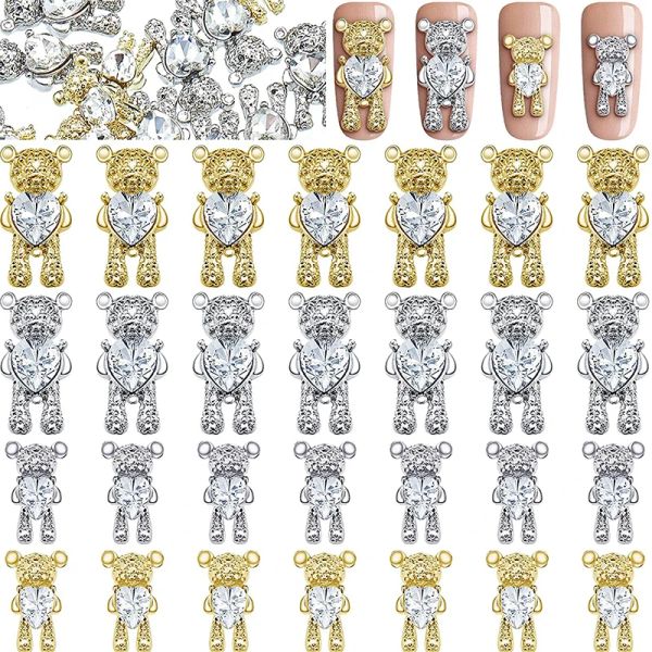 Tool 60pcs urso unhas de unhas decoração de strasson com strass de cristal de coração brilhante 3d liga de unha design de manicure acessórios de manicure