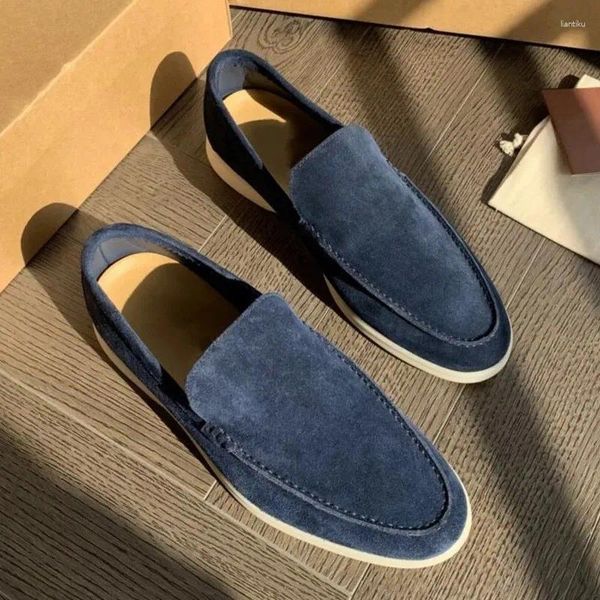 Sapatos casuais azul nubuck couro slip-on-sweets planos para homens 2024 damasco de damasco do dedo do pé