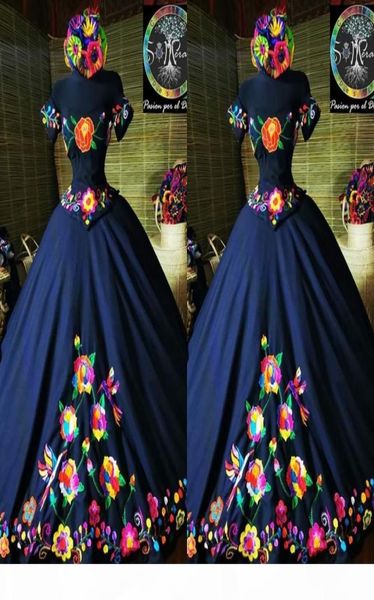 2021 Fashion Charro Mexico Quinceanera Abiti blu navy ricamato dalla spalla corsetto di raso posteriore dolce 15 ragazze abiti da ballo 2392737