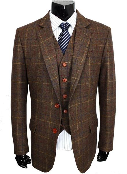 Wool Brown Classic Tweed Custom Carad Men Abito Blazer Retro Gentleman Stionaggio su misura su misura per gli uomini per uomini 3 pezzi1938477