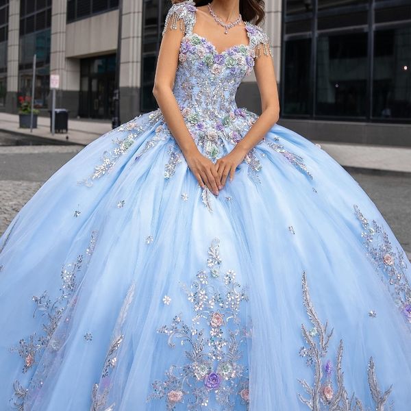 Azul céu brilhante do vestido de bola de ombro Quinceanera Appliques Apliques renda de bijas tull coreset vestidos de 15 anos