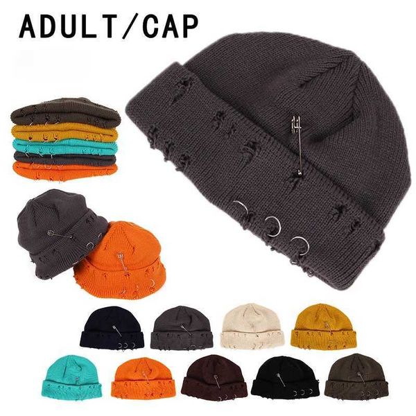 Gorro/caveira tampa de inverno rasgado chapéus de papel para homens de malha de malha de malha de girlies beanies feminino capota quente hat rock q240403