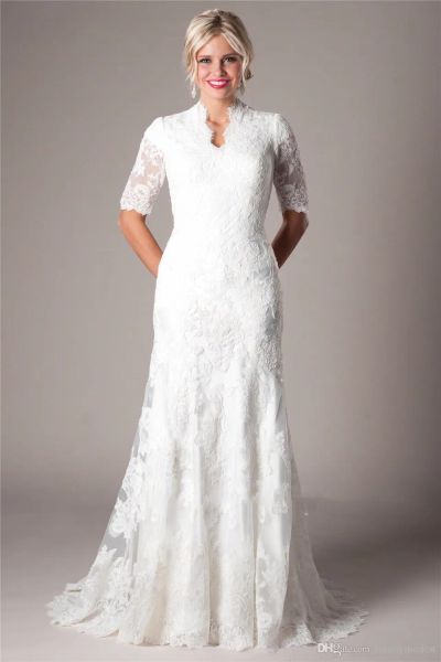 Vestidos dos anos 1960 e renda vintage vestidos modestos de noiva com mangas meio pescoço alto 1/2 mangas vestidos de noiva vestido de noivas
