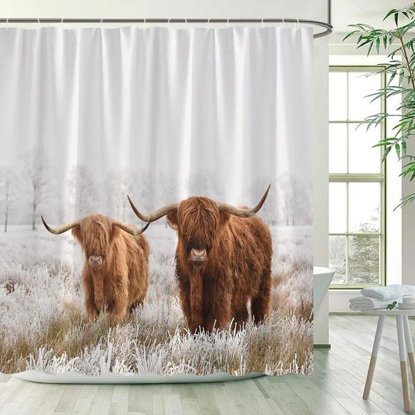 Cortinas de chuveiro Catinho das terras altas marrom animal vaca de vaca cenário de pavilhões de banheira de banheira de cortina de tecido de decoração de banheiro doméstico
