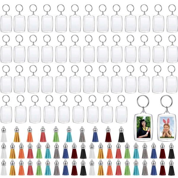 Craft 100pcs Acryl -Fotorahmenschlüsselkette mit Quasten Snapin benutzerdefinierte Einfüge von Foto Acryl leere Schlüsselklappe klare leere Bildschlüsselring