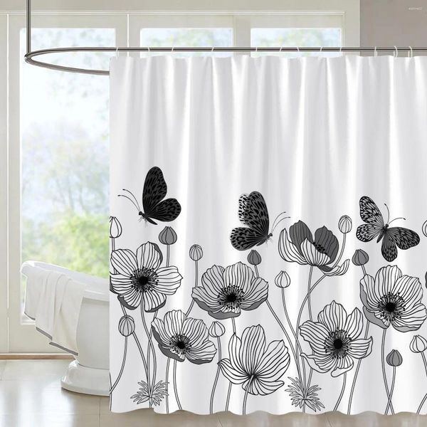 Cortinas de chuveiro Cortina de flor branca preta Plant Butterfly Bird Ametic Art