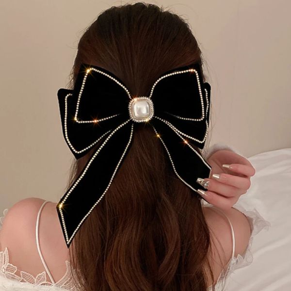 Velvet Eingelegtes Strass -Perle -Bow -Haarclip für Frauen Mode übertriebene Haarkrallen übertriebene Haarzubehör