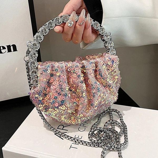 Totes Pailletten plissierte Clutch Handtasche Bling Women Diamond Top Griff Hochzeitsparty Geldbeutel Crossbody Schulter Damen Tote Taschen Brieftasche Brieftasche