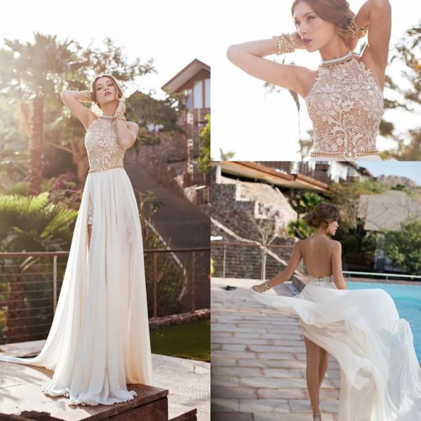 Kleider Julie Vino Beach Prom Kleid Halfter Spitze Perlen Chiffon High Split Rückenless Griechisch Boho Lace Ball Kleid Cocktail Party Kleid Zug Hy