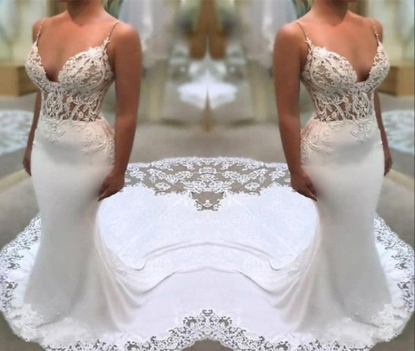 Appliques in pizzo bianco Abiti da sposa guaina spalline spaghetti sirene illusione abiti da sposa con tribunale 2891059