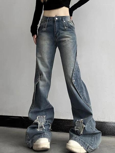 Jeans feminino adagirl coreano mulheres folggy harajuku moda estrela de retalhos de retalhos de baixa cintura calça jeans de jeans y2k causal kpop largura de fundo de perna larga