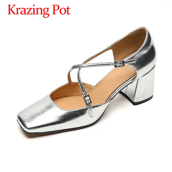 Sapatos de vestido krazing pote de vaca de vaca grossa salto alto verão de moda de pé Mary Janes estilo conciso