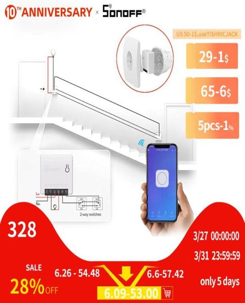 SONOFF Minibasic bidirecional Switch Switch Wi -Fi Remote Support DIY Switch Externo 10A Trabalho com o Google Automação doméstica Alexa6500603