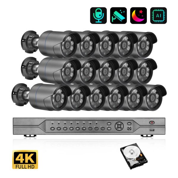 Sistem Azishn 16CH 4K Ultra HD IP Kamera Seti H.265 8MP NVR Vidio Gözetim Kiti Açık Su Geçirmez Renk Gece Vizyonu Ev CCTV Kamer