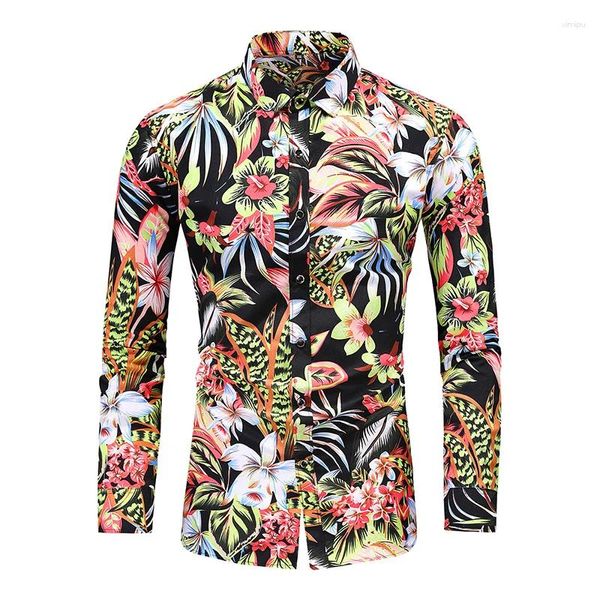 Camisas casuais masculinas Camisa de flores de flor Hawaii Impresso de tamanho longo de manga longa férias de férias de férias de praia boate 7xl