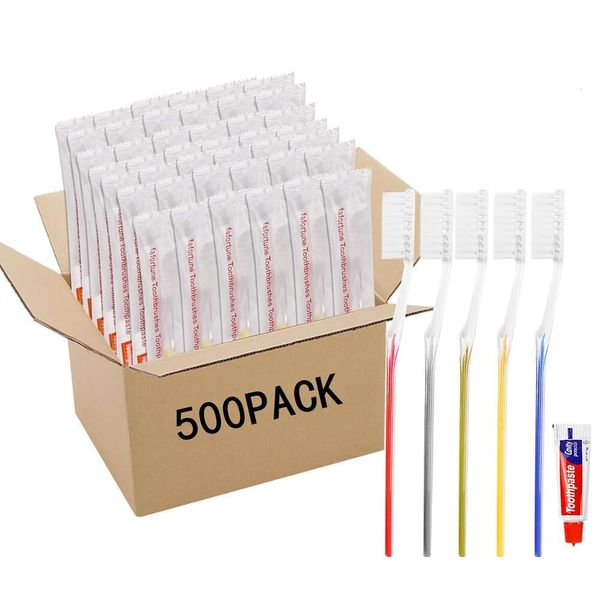 Pacchetto da 500 spazzolini da denti usa e getta con dentifricio in 5 colori - Kit di cura orale di viaggio per igiene in movimento - Conveniente pacchetto sfuso per un facile utilizzo