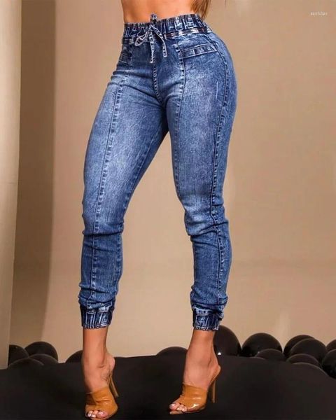 Jeans femminili donne elastico pantaloni a matita blu tasche streetwear casual slim high street zipper 2024 autunno y2k maxi capris