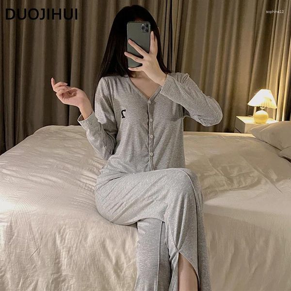 Home Clothing Duojihui Classic Pure Color Casual Pyjamas für Frauen Chic Strickjacken losen Split -Fashion -Print Herbst weiblich Set