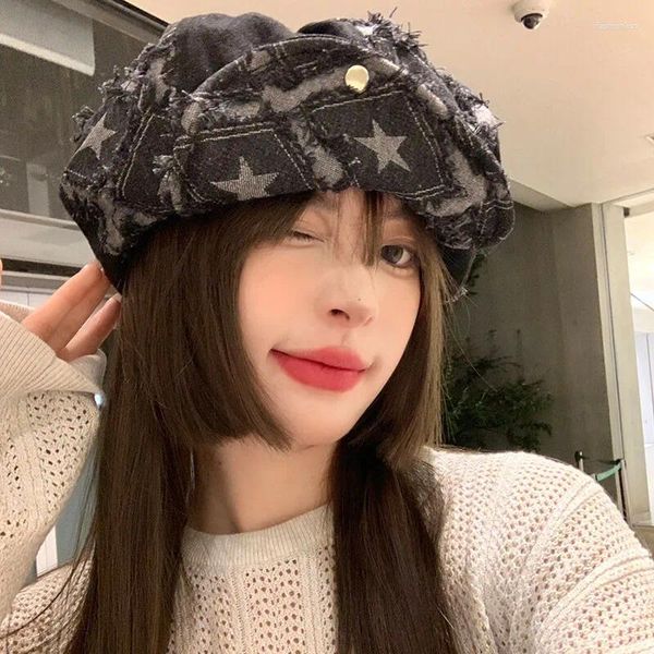 Boinas japonesas Raw Edge Star Black Beret Cap Women's Autumn e Winter Niche Big Head Cowboy British Casual Octogonal Hat Mujer