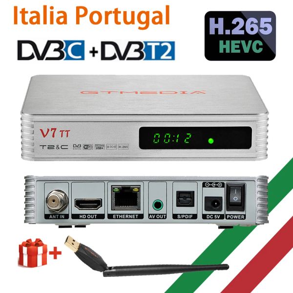 Коробка H.265 10 -битный для Италии Португалия Gtmedia V7 TT Зесеродочный приемник HD Digital TV Tuner DVB T2/кабель 1080p CCAM TV Decoder