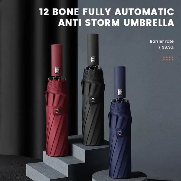 12 Knochenschwarzer Kleber Vollautomatischer Regenschirm mit dickem und langlebigem Kiel dreifache Regenschirm UV -Widerstandsfaltungsschirm 240329