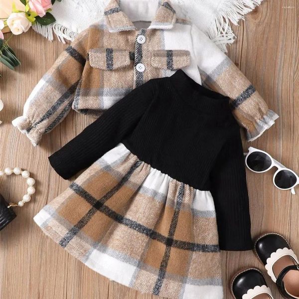 Kleidungssets 0-3-jährige geborene Baby Girl Herbst und Winter Plaid Langarm passung passende Boxenstreifen Patchwork Kleid Set