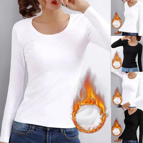 Camisas femininas o pescoço camisa de manga comprida Mulheres no fundo do inverno Tops cortados pretos casuais casuais básicos aquecimento de veludo camisetas térmicas